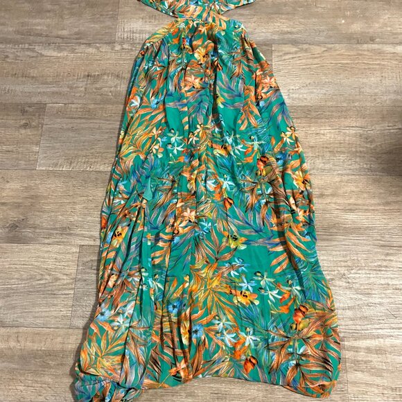 Shein Plunging Neck Crisscross Tie Back Split Tropical Print Maxi Dress - Medium - Picture 4 of 5